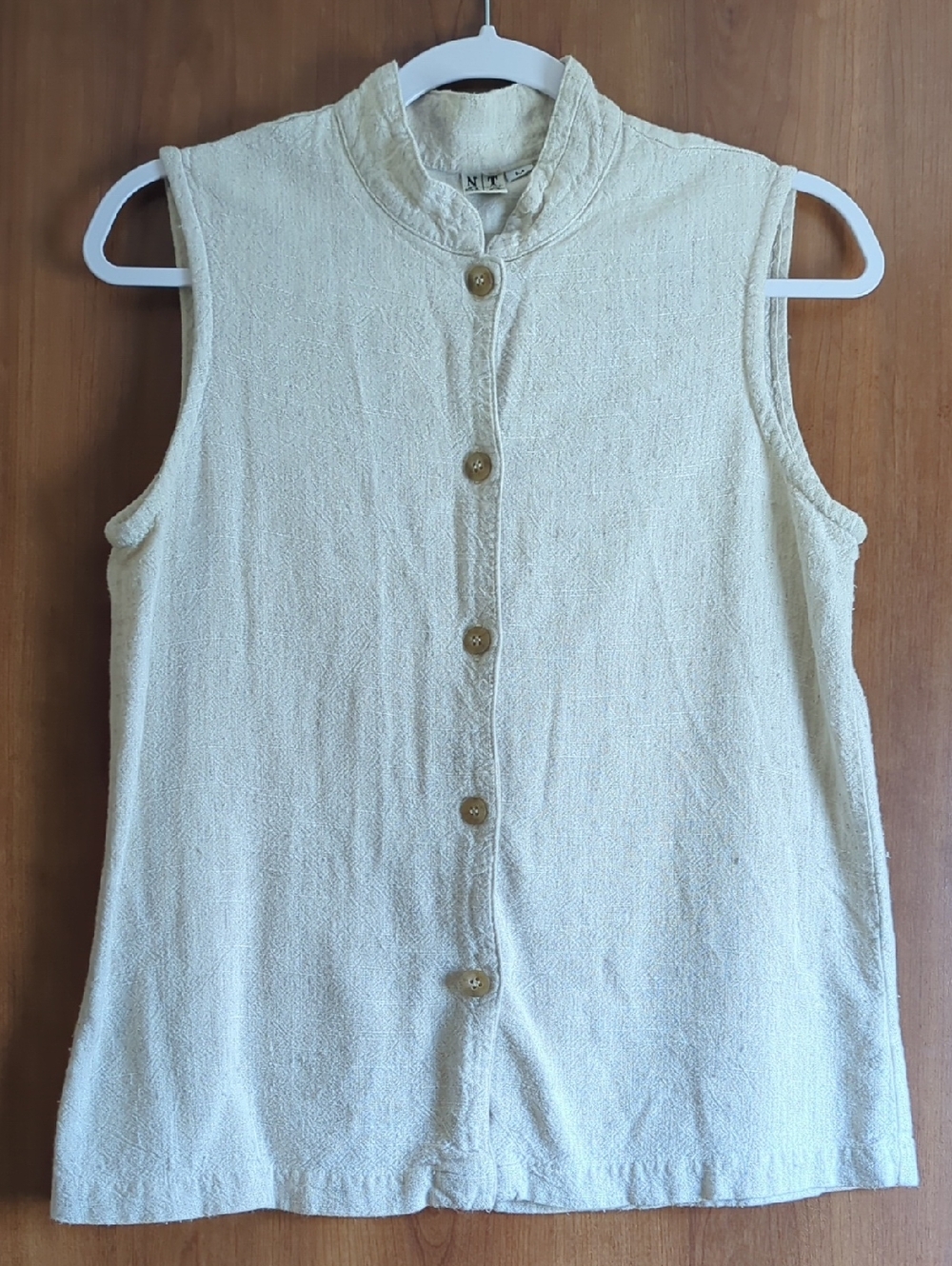 Beige Linen Sleeveless Button-Down Top with Stand Collar